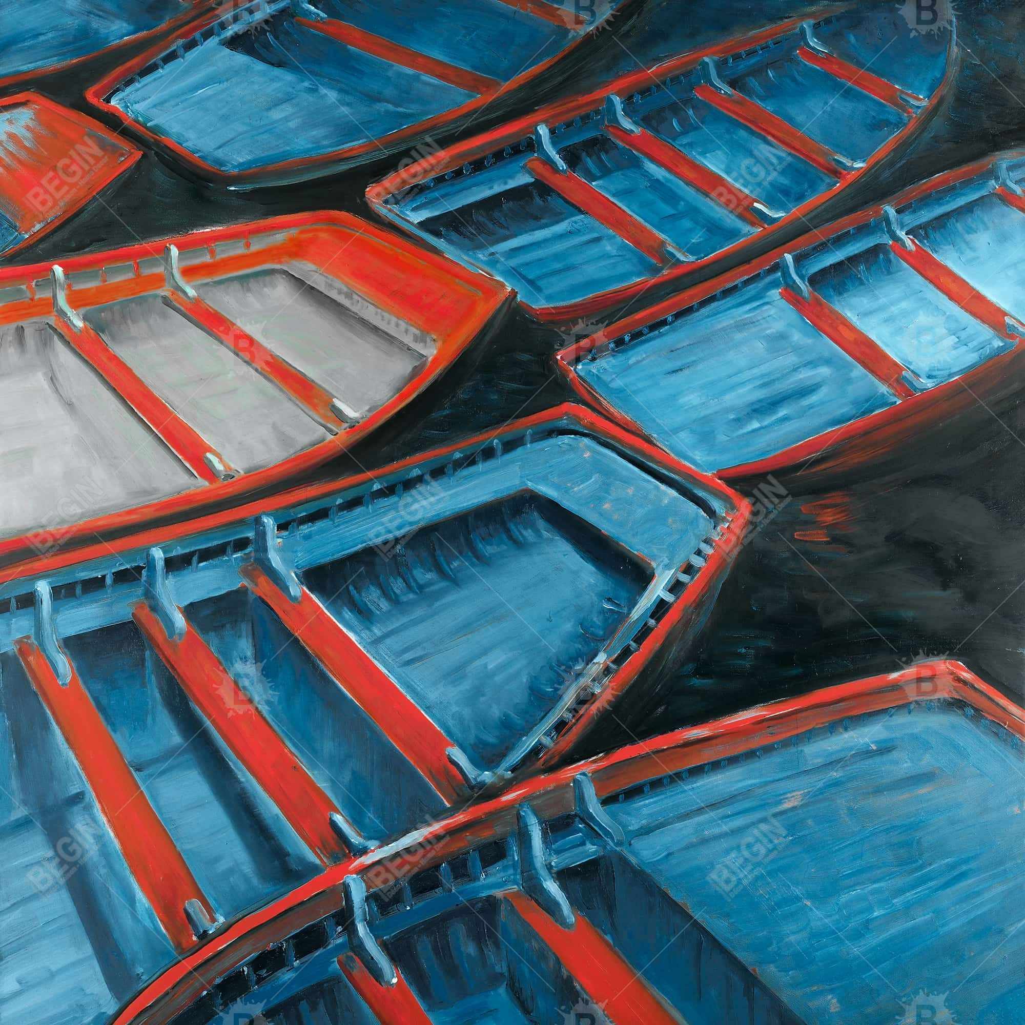 Small blue and red canoes