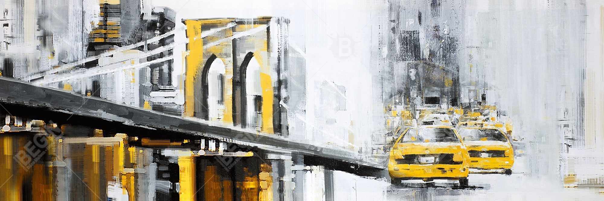 Yellow brooklyn bridge with taxis